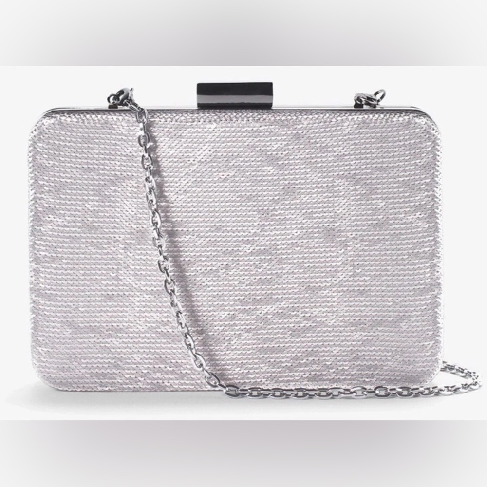 WHBM Pewter/Gray/Silver Sequin Box Clutch with Paper Clip Chain Strap